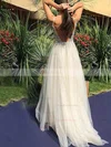 A-line V-neck Tulle Sweep Train Beading Prom Dresses #Favs020108484