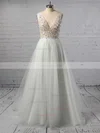 A-line V-neck Tulle Sweep Train Beading Prom Dresses #Favs020108484