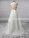 A-line V-neck Tulle Sweep Train Beading Prom Dresses #Favs020108484