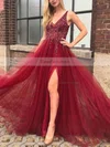 A-line V-neck Tulle Sweep Train Beading Prom Dresses #Favs020108484