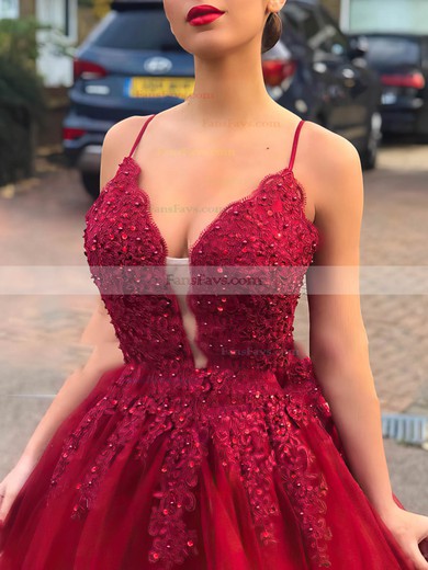 A-line V-neck Lace Tulle Sweep Train Beading Prom Dresses #Favs020108486