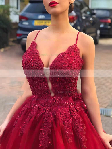 A-line V-neck Lace Tulle Sweep Train Beading Prom Dresses #Favs020108486