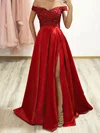 A-line Off-the-shoulder Satin Sweep Train Appliques Lace Prom Dresses #Favs020108489