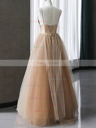 A-line V-neck Tulle Silk-like Satin Sweep Train Prom Dresses #Favs020108490