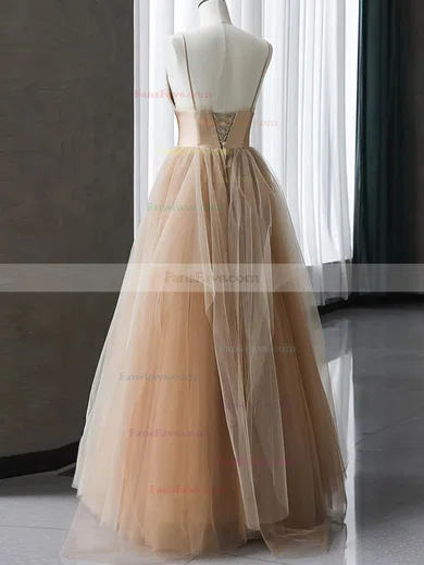 A-line V-neck Tulle Silk-like Satin Sweep Train Prom Dresses #Favs020108490