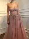 A-line Sweetheart Tulle Sweep Train Beading Prom Dresses #Favs020108491