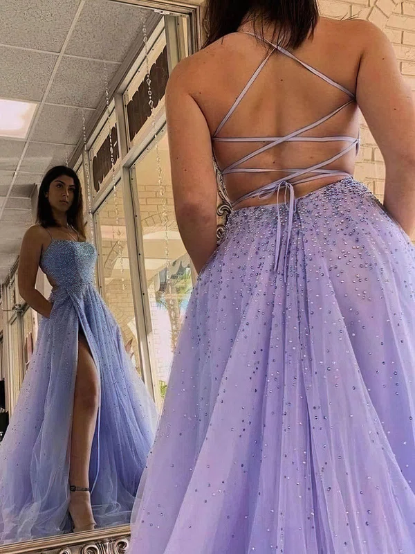 A-line Square Neckline Tulle Sweep Train Beading Prom Dresses #Favs020108493