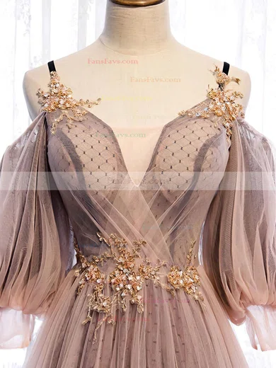 A-line V-neck Tulle Sweep Train Beading Prom Dresses #Favs020108498