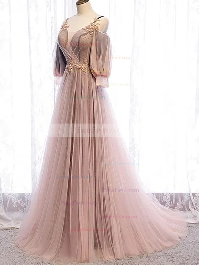 A-line V-neck Tulle Sweep Train Beading Prom Dresses #Favs020108498