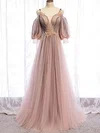 A-line V-neck Tulle Sweep Train Beading Prom Dresses #Favs020108498