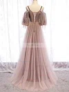 A-line V-neck Tulle Sweep Train Beading Prom Dresses #Favs020108498
