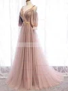 A-line V-neck Tulle Sweep Train Beading Prom Dresses #Favs020108498