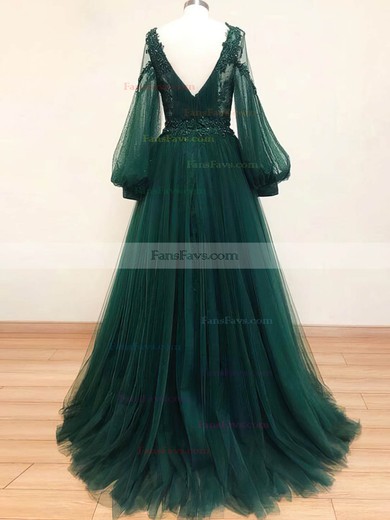A-line V-neck Tulle Sweep Train Appliques Lace Prom Dresses #Favs020108499
