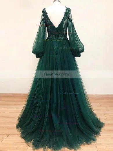 A-line V-neck Tulle Sweep Train Appliques Lace Prom Dresses #Favs020108499