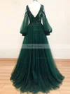 A-line V-neck Tulle Sweep Train Appliques Lace Prom Dresses #Favs020108499