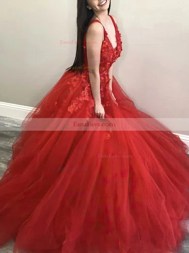 Ball Gown V-neck Lace Tulle Sweep Train Appliques Lace Prom Dresses #Favs020108500