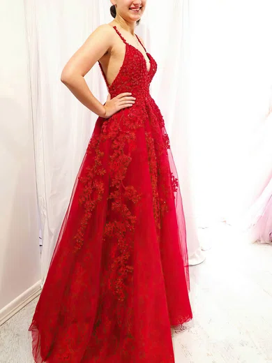 A-line V-neck Lace Tulle Sweep Train Appliques Lace Prom Dresses #Favs020108501