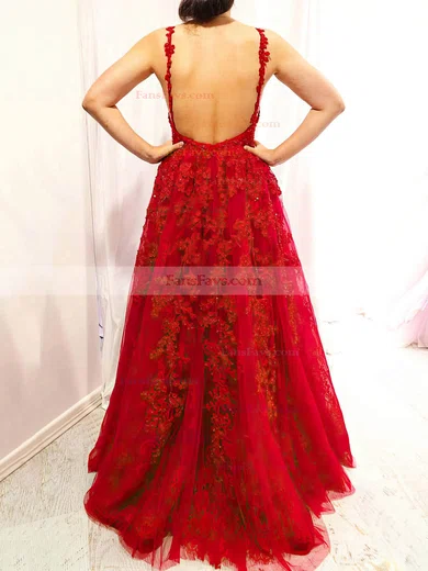 A-line V-neck Lace Tulle Sweep Train Appliques Lace Prom Dresses #Favs020108501