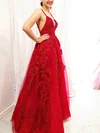A-line V-neck Lace Tulle Sweep Train Appliques Lace Prom Dresses #Favs020108501