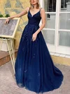 A-line V-neck Lace Tulle Sweep Train Appliques Lace Prom Dresses #Favs020108504