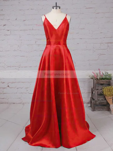 A-line V-neck Satin Sweep Train Pockets Prom Dresses #Favs020105284
