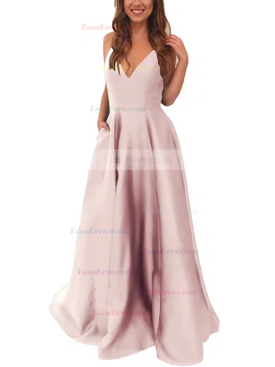 A-line V-neck Satin Sweep Train Pockets Prom Dresses #Favs020105284