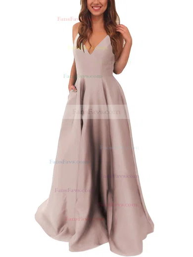 A-line V-neck Satin Sweep Train Pockets Prom Dresses #Favs020105284