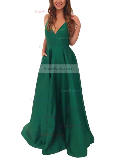 A-line V-neck Satin Sweep Train Pockets Prom Dresses #Favs020105284