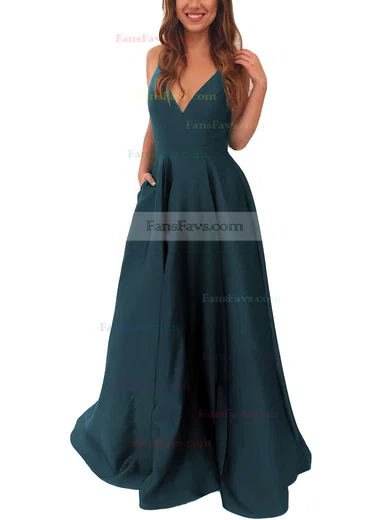 A-line V-neck Satin Sweep Train Pockets Prom Dresses #Favs020105284