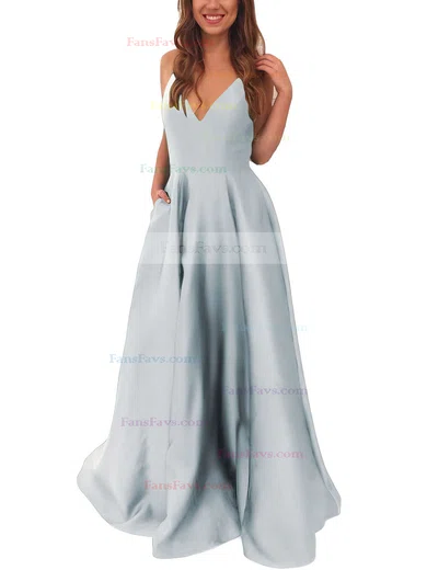A-line V-neck Satin Sweep Train Pockets Prom Dresses #Favs020105284