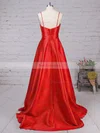 A-line V-neck Satin Sweep Train Pockets Prom Dresses #Favs020105284