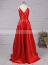 A-line V-neck Satin Sweep Train Pockets Prom Dresses #Favs020105284