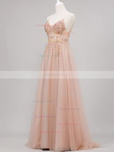 A-line V-neck Tulle Sweep Train Beading Prom Dresses #Favs020108511