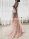 A-line V-neck Tulle Sweep Train Beading Prom Dresses #Favs020108511