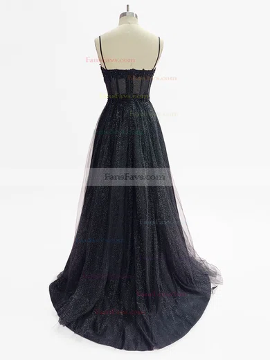 A-line V-neck Glitter Sweep Train Appliques Lace Prom Dresses #Favs020108512