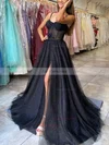 A-line V-neck Glitter Sweep Train Appliques Lace Prom Dresses #Favs020108512
