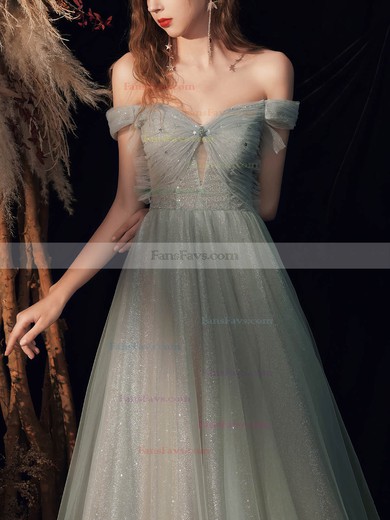 A-line Off-the-shoulder Glitter Sweep Train Beading Prom Dresses #Favs020108514