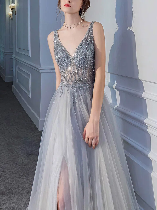 A-line V-neck Tulle Sweep Train Beading Prom Dresses #Favs020108515