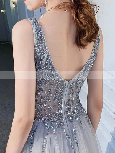 A-line V-neck Tulle Sweep Train Beading Prom Dresses #Favs020108515