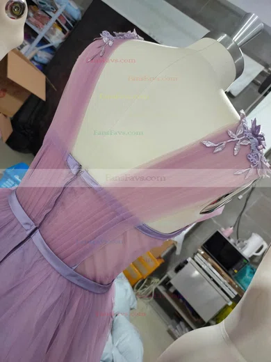 A-line V-neck Tulle Sweep Train Appliques Lace Prom Dresses #Favs020108517