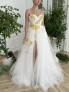 A-line V-neck Tulle Sweep Train Sashes / Ribbons Prom Dresses #Favs020108518