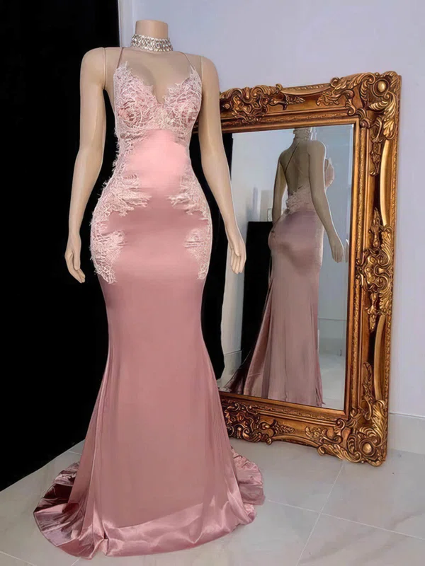 Trumpet/Mermaid V-neck Silk-like Satin Sweep Train Beading Prom Dresses #Favs020108520