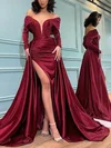 A-line Off-the-shoulder Satin Sweep Train Ruffles Prom Dresses #Favs020108523