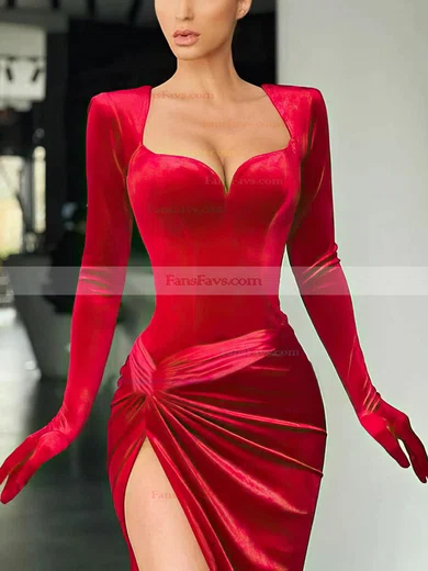 Sheath/Column V-neck Velvet Sweep Train Ruffles Prom Dresses #Favs020108524