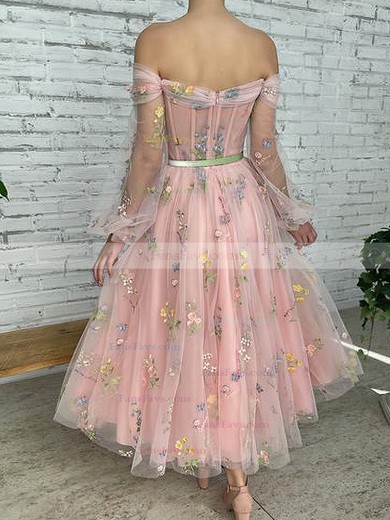 A-line Off-the-shoulder Tulle Ankle-length Sashes / Ribbons Prom Dresses #Favs020108525