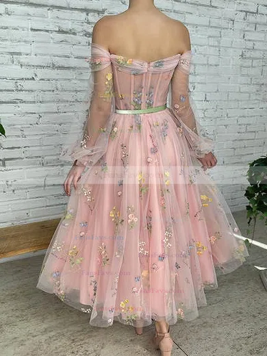 A-line Off-the-shoulder Tulle Ankle-length Sashes / Ribbons Prom Dresses #Favs020108525