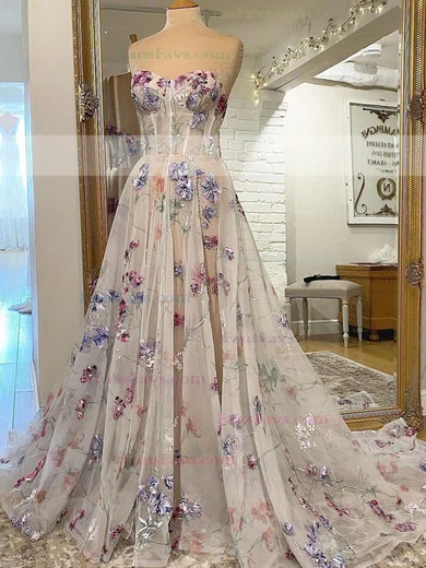 A-line Strapless Tulle Sweep Train Flower(s) Prom Dresses #Favs020108528