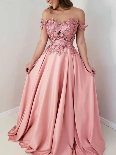 A-line Scoop Neck Silk-like Satin Sweep Train Appliques Lace Prom Dresses #Favs020108540