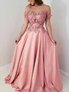 A-line Scoop Neck Silk-like Satin Sweep Train Appliques Lace Prom Dresses #Favs020108540