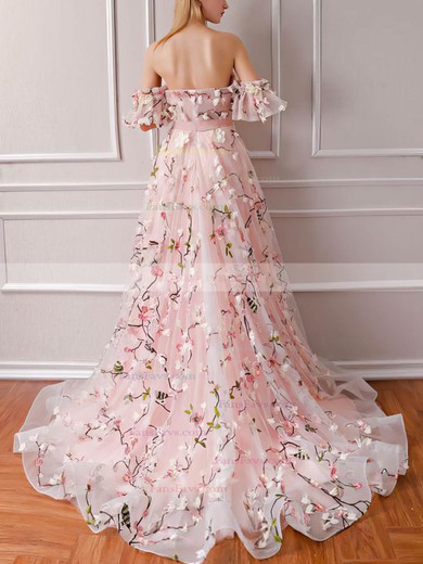 A-line Off-the-shoulder Lace Tulle Sweep Train Sashes / Ribbons Prom Dresses #Favs020108543
